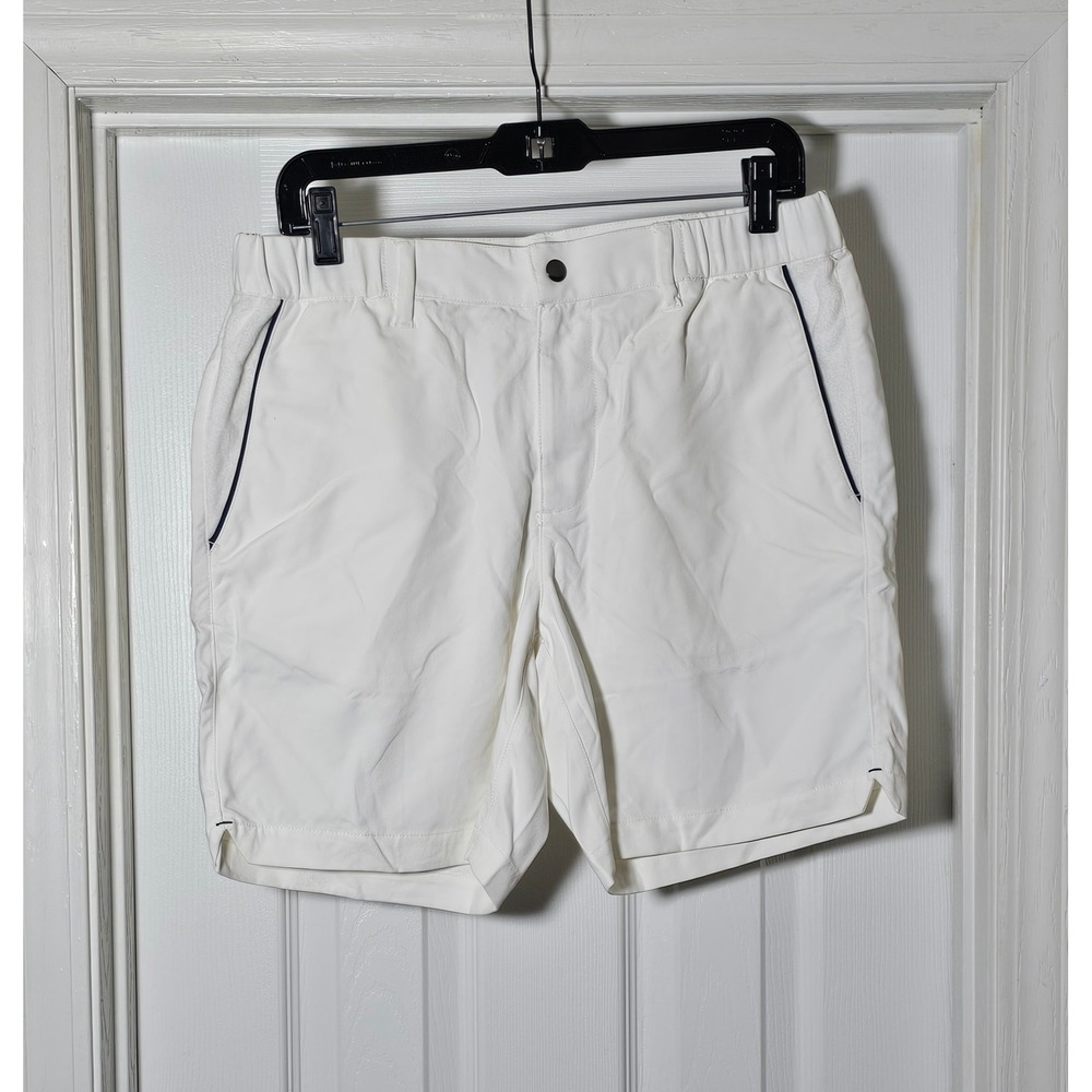Criquet Court Shorts Medium White Navy Stripe Pocket Logo Stretch Button Fly
